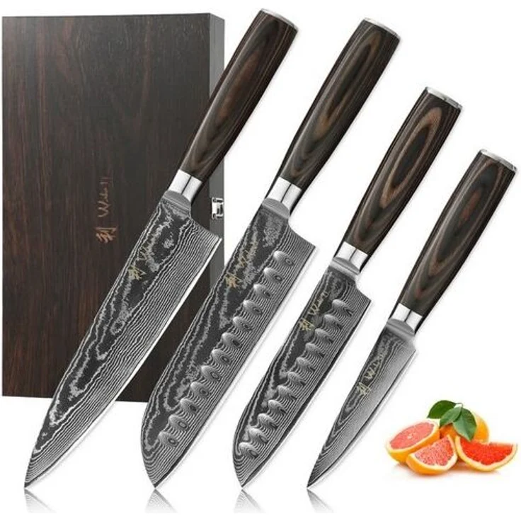 Wakoli Messer-Set EDIB Essentials 4er Damastmesser-Set Küchenmesser Kochmesser (Damastmesser mit Geschenkbox, 4-tlg, 4er Damastmesser-Set), VG10 Kern, 67 Lagen Damaststahl, Pakkaholzgriff, inkl. Geschenkbox – Bild 4