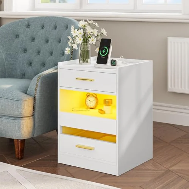 YITAHOME Nachttisch, Beistelltisch mit LED-Lichtern und Ladestation, Nachttischschrank Nachttisch mit Aufbewahrungsschubladen für Wohnzimmer Schlafzimmer, 40 x 40 x 60 cm, Weiß – Bild 6