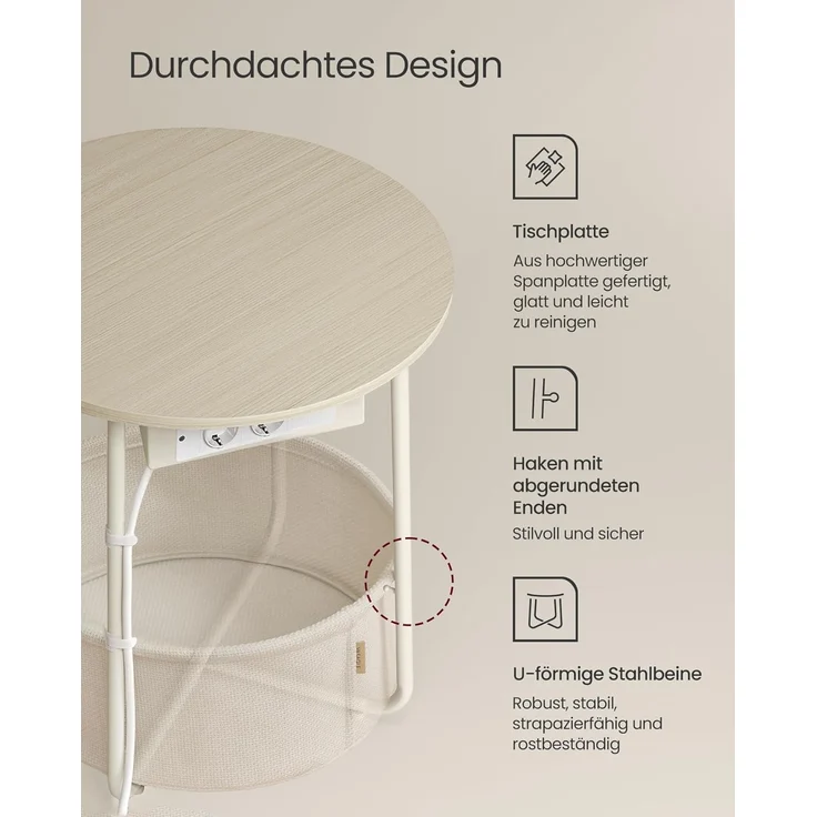 VASAGLE Beistelltisch rund, Kleiner Tisch, Couchtisch mit Steckdose, Wohnzimmertisch, Korb aus Stoff, Stauraum für Wohnzimmer Schlafzimmer, Nachttisch modern, naturbeige-cremeweiß LET228LL01 – Bild 5