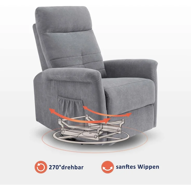 M MCombo Relaxsessel Fernsehsessel mit Liegefunktion Manuell, Massagesessel mit Wärmefunktion, TV Sessel mit Wippfunktion & Drehfunktion, 270° Drehbar, 7013 (Hellgrau) – Bild 6