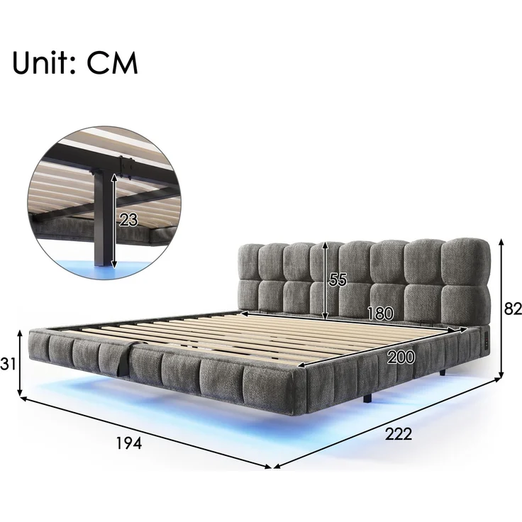 EINHOM Bett Polsterbett Doppelbett Jugendbett in Schwebeoptik, Bubble Design Wolkenbett, Hydraulischer Stauraum, LED, Ladeanschluss (USB & Typ-C), Chenille, 180 x 200 cm, Grau, (Ohne Matratze) – Bild 2