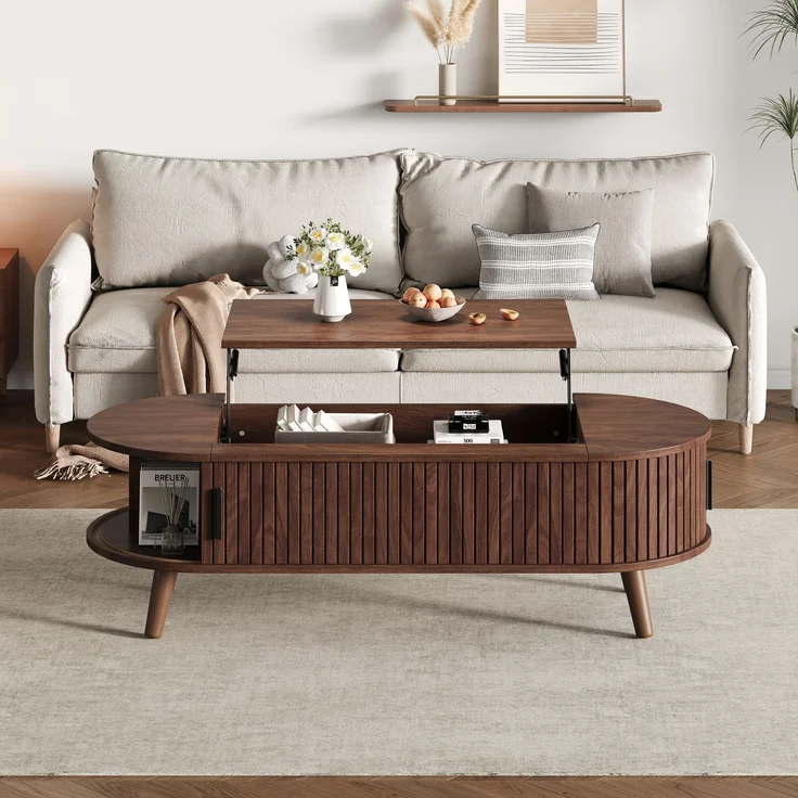 Abrihome Anhebbarer Couchtisch mit Stauraum und 5 Ablageflächen, Braun, 39x50x120 cm – Bild 2
