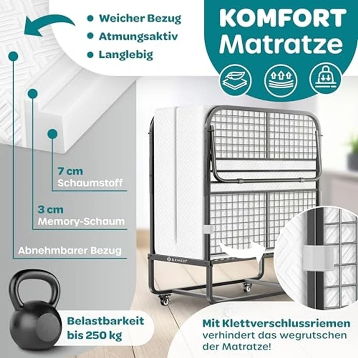 KESSER® Klappbett 200x90cm Gästebett inkl. Matratze aus Memory-Schaum & Rollen | faltbares Reisebett mit Metallrahmen für Erwachsene belastbar bis 250kg | Metallbett mit Schaumstoffmatratze & Cover Weiß, Deluxe Plus – Bild 5