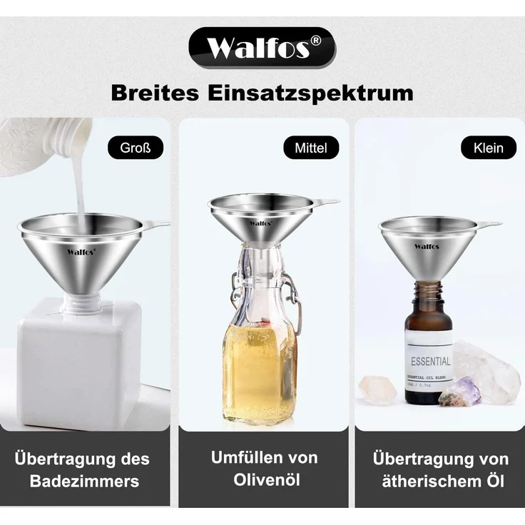 Walfos® Edelstahl Trichter 3 Stück Mini Trichter Küche Flüssigkeit Umfüllen – Bild 4