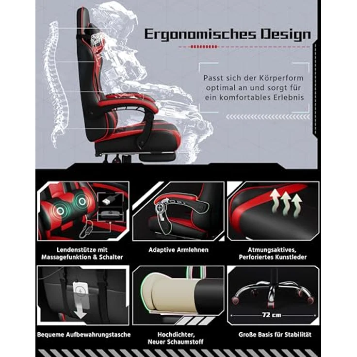 Yaheetech Gaming Stuhl Ergonomischer Gaming Sessel mit Massagefunktion Computerstuhl mit Fußstütze Bürostuhl 90-135° Rückenlehne verstellbar Gamer Stuhl für für Homeoffice und Gaming Rot – Bild 6