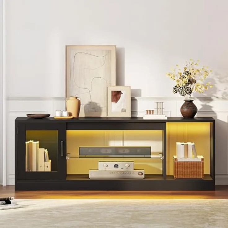 YITAHOME TV Schrank, TV Lowboard LED Schwarz - Fernsehschrank Fernsehtisch mit RGB-LED-Leuchten Lowboard Glasregal Fächern für 65 Zoll & kleinere TVs,für Wohnzimmer Schlafzimmer, B148 x H51 x T32 cm – Bild 6