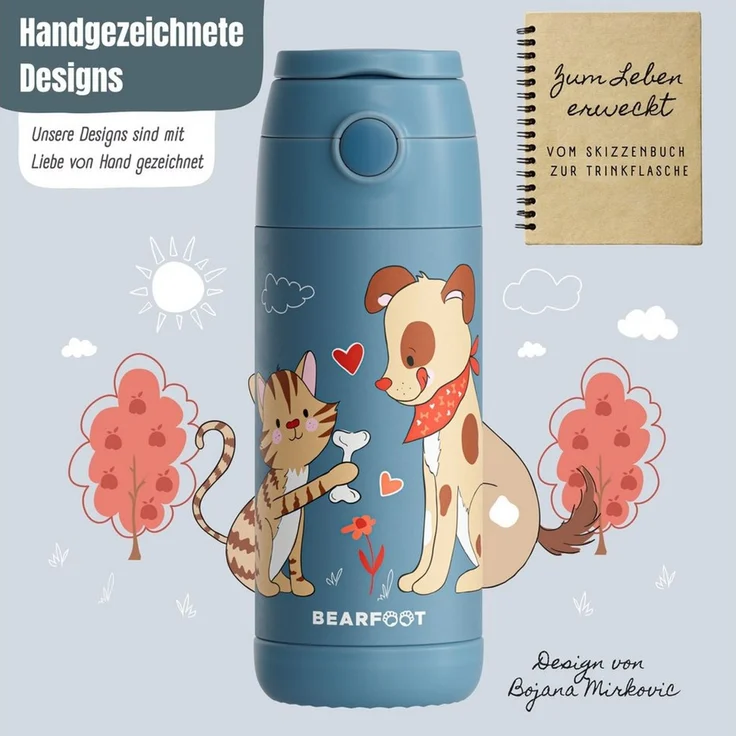 BEARFOOT Trinkflasche Thermo Kinder Trinkflasche Edelstahl - Hund & Katze blau, Thermosflasche, auslaufsicher, Edelstahl, Kinderflasche, BPA-frei – Bild 4