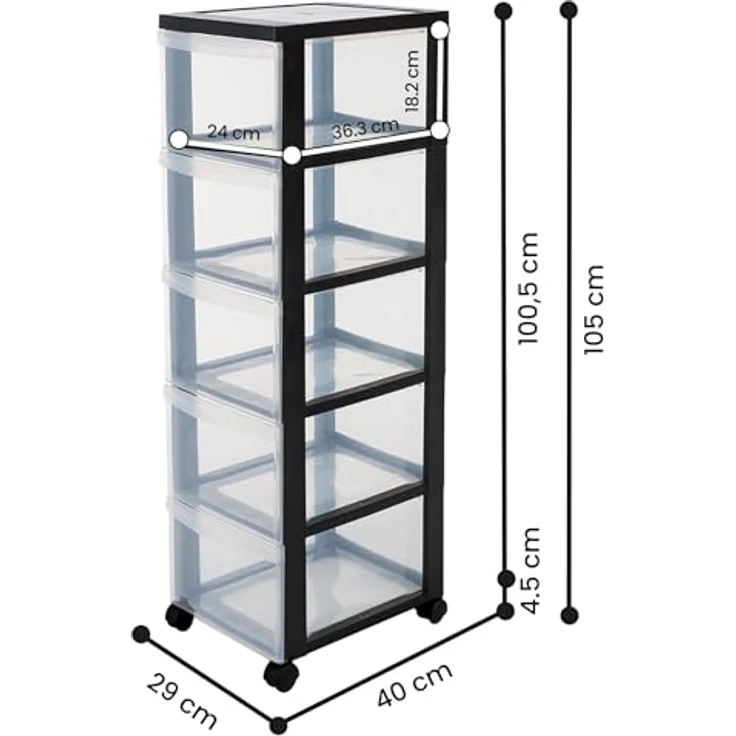 Iris Ohyama, Schubladenschrank auf Rollen, 5 Schubladen mit 15 L, mit Rollen, ergonomische Griffe, Büro, Bad, Wohnzimmer - Design Chest DC-305 - Schwarz – Bild 4