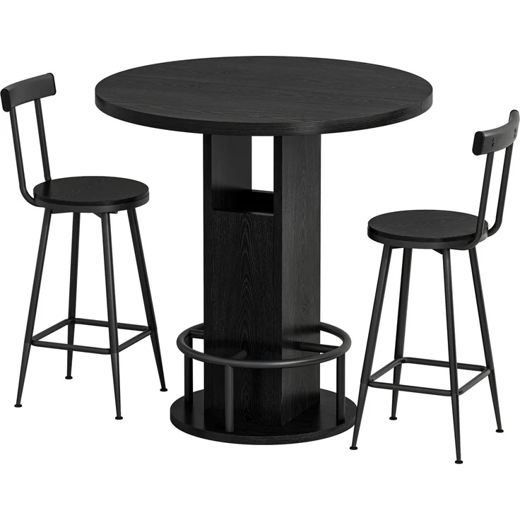 Bartisch-Set Ø 80 cm mit 2 Hockern – runder Esstisch aus Spanplatte und Stahl in Schwarz – Bild 5