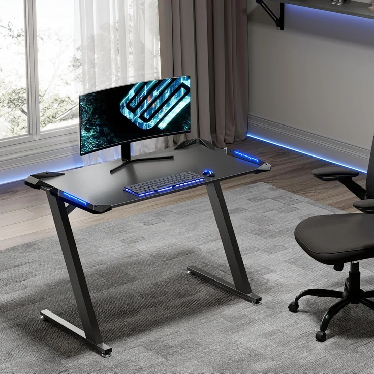 EUREKA ERGONOMIC Gaming Tisch Z1S Gaming Schreibtisch Gaming Computertisch PC Schreibtisch Gamer Mit RGB LED Beleuchtung Getränkehalter und Kopfhörerhalter Schwarz – Bild 5