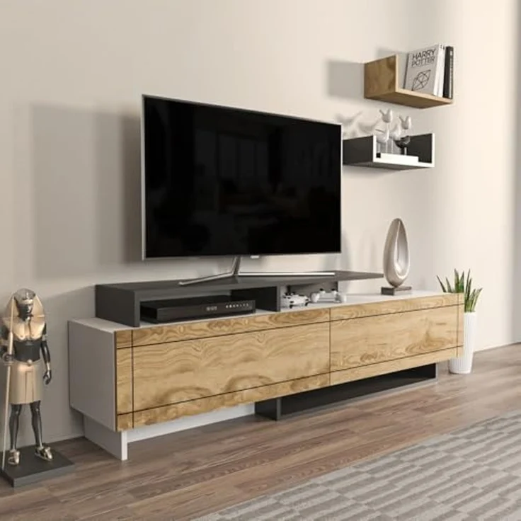 Hanah Home Stylish TV Stand, 180 cm, White & Oak with Anthracite Accents | 100% Melamine Coated Particle Board, 18 mm Thick | Modern Design for Living Room – Bild 2
