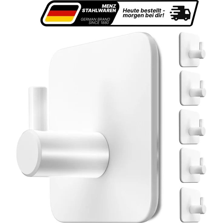 Lindenstein Handtuchhaken 6er-Set Weiß – Edelstahl V2A, selbstklebend mit 3M-Pads – Bild 1