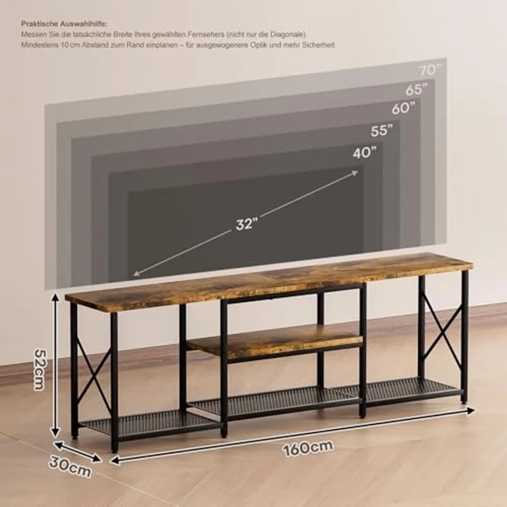 Yorbay Lowboard TV Schrank für Fernseher bis zu 70 Zoll,160 Breite mit offene Fächer, Schwarz & Retro Holzfarben - Für Wohnzimmer & Schlafzimmer – Bild 2