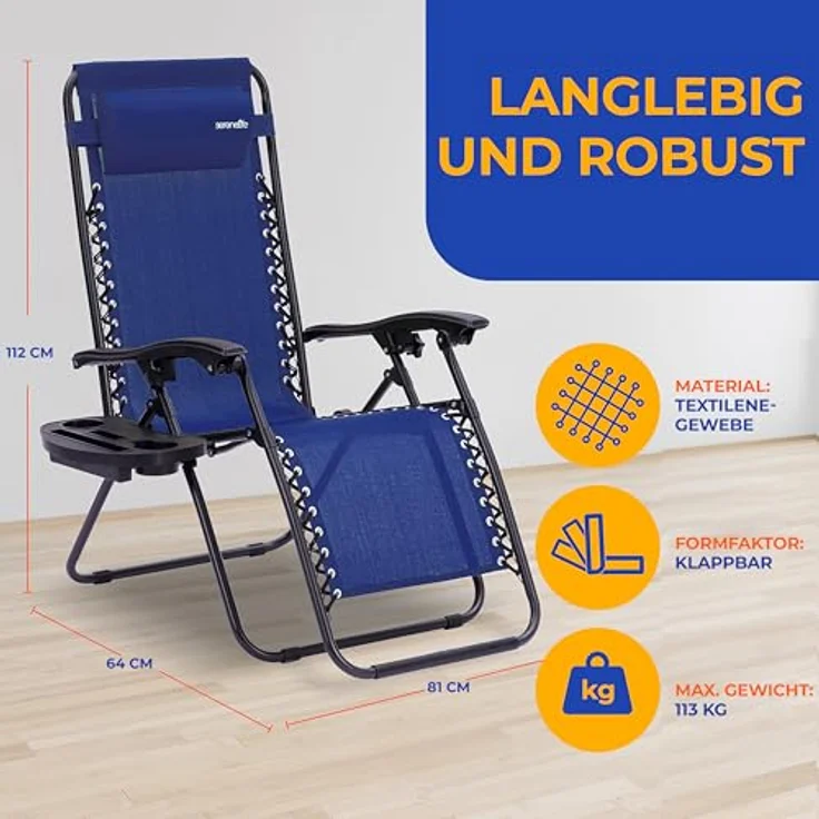 SereneLife Gartenliege Wetterfest, Sonnenliege Klappbar & Verstellbar als Liege, Sonnenstuhl als Gartenbett, Deckchair 2er Set Dunkelblau, Klappliegestuhl mit Seitentisch, Kopfkissen & Getränkehalter – Bild 4
