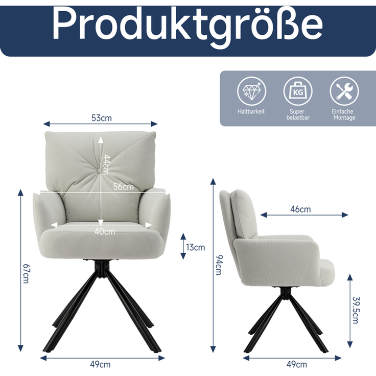 HOME NATURE WOHNKONZEPT Esszimmerstuhl, 360° drehbar, Cordstoff, Küchenstuhl Lehnstuhl Stuhl, geeignet für Schlafzimmer/Schminktisch, 49x46x94 cm (Weiß) – Bild 2