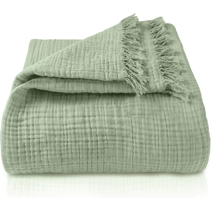 Laynenburg Tagesdecke Musselin mit Fransen aus 100% Baumwolle – Baumwolldecke, Wohndecke als Sommerdecke, Bett-Überwurf, Sofa-Decke, Kuscheldecke – Bild 1