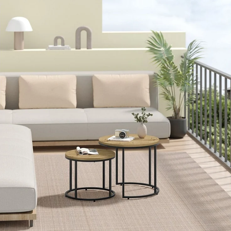 Home Collective Couchtisch 2er Set Beistelltisch Loft Design 2in1 Verschachtelung Wohnzimmer, kratzfeste Oberfläche 53cm und 43cm Artisan mit schwarzen Beinen, rund – Bild 4