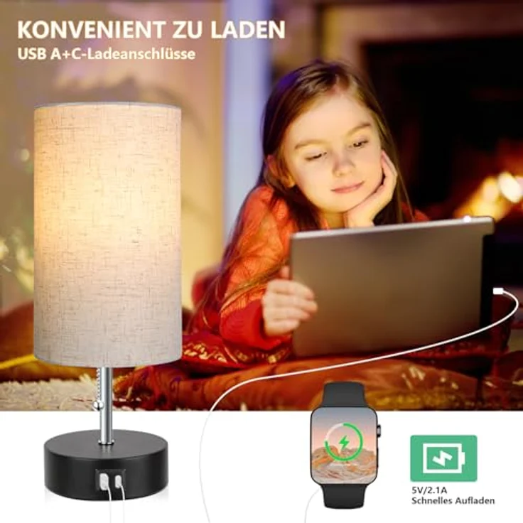 ROTTOGOON Nachttischlampe, Tischlampe mit USB A & C Ladefunktion, Otmeal | mit LED Glühbirne, 3000K/4000K/5000K, für Schlafzimmer Wohnzimmer – Bild 4
