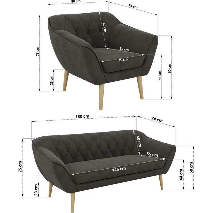 Wohnzimmerset PIRS 1-1-3, Skandinavisches 3-Sitzer Sofa mit Sesseln, Sofa mit Wellenfederung, Buche Füße, Skandinavisches Möbelset - Dunkelgrau Velvet – Bild 5