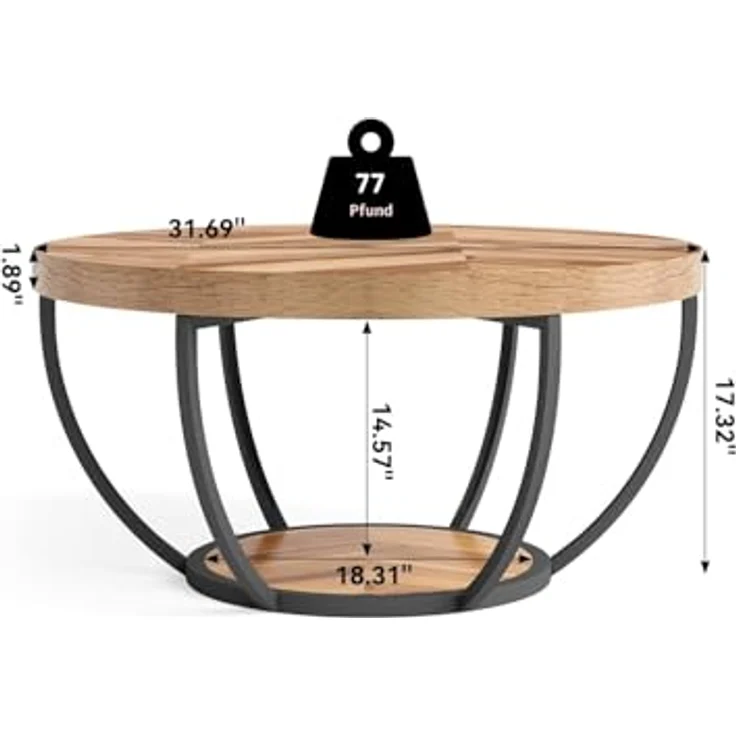 LITTLE TREE Runder Couchtisch, 81,3 cm, runder Couchtisch für Wohnzimmer, 2-stöckiger Holzakzent-Mitteltisch mit offenem Stauraum, Industrie-Design, Wohnmöbel (Holzmaserung und Schwarz) – Bild 4