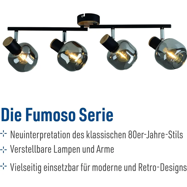 näve Deckenleuchte Fumoso, Leuchtmittel wechselbar, ohne Leuchtmittel, Smoking Glass (dunkel getönt), Metall/Schwarz, schwenkbar, 4-flammig – Bild 2