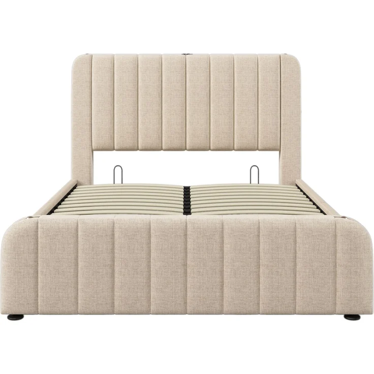 Polsterbett 140x200 cm Beige mit Kopfteil,USB Typ-C Ladeanschluss & hydraulischem Stauraum,Metallrahmen mit goldenen Akzenten – Bild 10