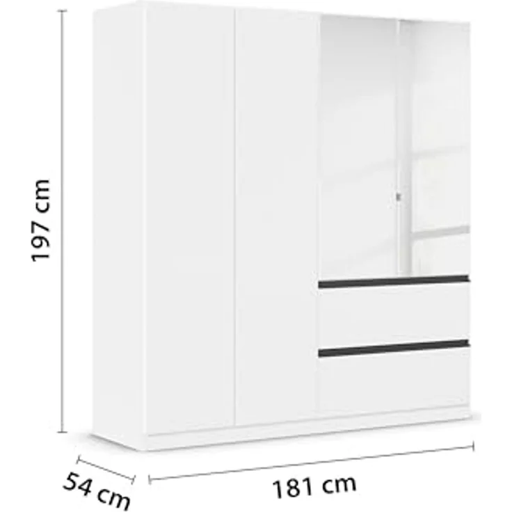 Rauch Möbel Costa, Kleiderschrank für Schlafzimmer, Kinderzimmer, Babyzimmer, Garderobe, Flur, 4-türig, mit Spiegel und 2 Schubladen, Push-to-Open, Zubehör Classic, Farbe Weiß, Breite 181 cm – Bild 3