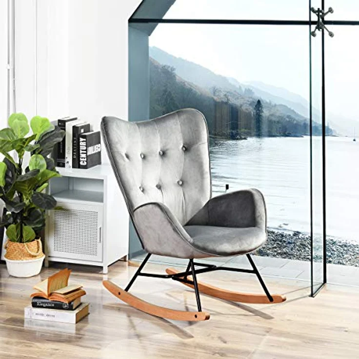 Möbel, Cosy Epping Velvet Dark Grey, Schaukelstuhl, Freizeitstuhl und Ruhe, Velours, Grau, für Wohnzimmer, Esszimmer, Füße aus Holz, Metall, 68 x 87 x 98 cm – Bild 7