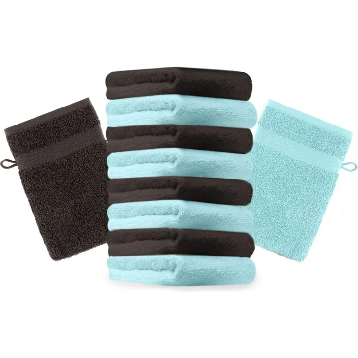 Betz Waschhandschuh 10 Stück Waschhandschuhe Premium 16x21 cm Farbe dunkelbraun und türkis, (10-St)