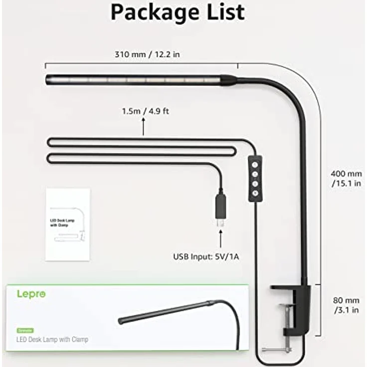 Lepro LED Schreibtischlampe Klemmbar, Tischlampe Architektenlampe mit Schwenkarm, Augenschutz Klemmleuchte USB, 3 Farben & 10 Helligkeitsstufen Dimmbar Tischleuchte für Büro, Schwarz – Bild 8