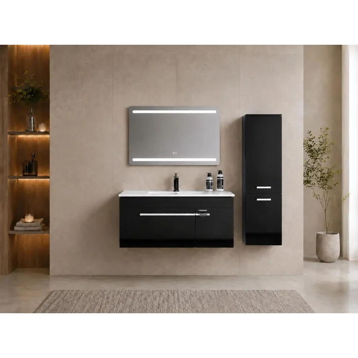 Faizee Home Badmöbelset 90 cm Schwarz Hochglanz inkl. Keramik-Waschbecken, LED-Spiegel & 1x Seitenschrank rechts – Bild 1