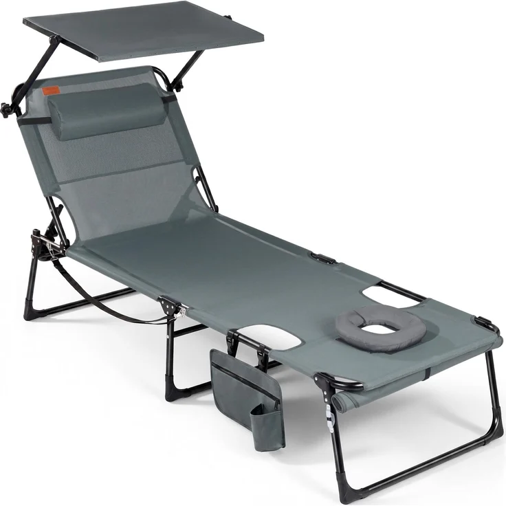 Homecall Sonnenliege mit Gesichtsöffnung und Sonnendach, klappbarer Liegestuhl, 4-Fach verstellbare Rückenlehne, bis zu 180 kg belastbar, für Garten, Strand und Camping (2, Dunkelgrau)