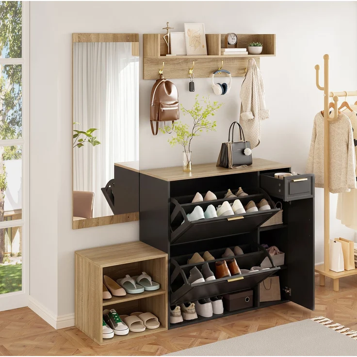 CHICFURN Schrank 4-tlg. 139,5x166x35 cm mit Schuhschrank und Sitzbank – Garderoben-Set in Natur/Schwarz – Bild 2