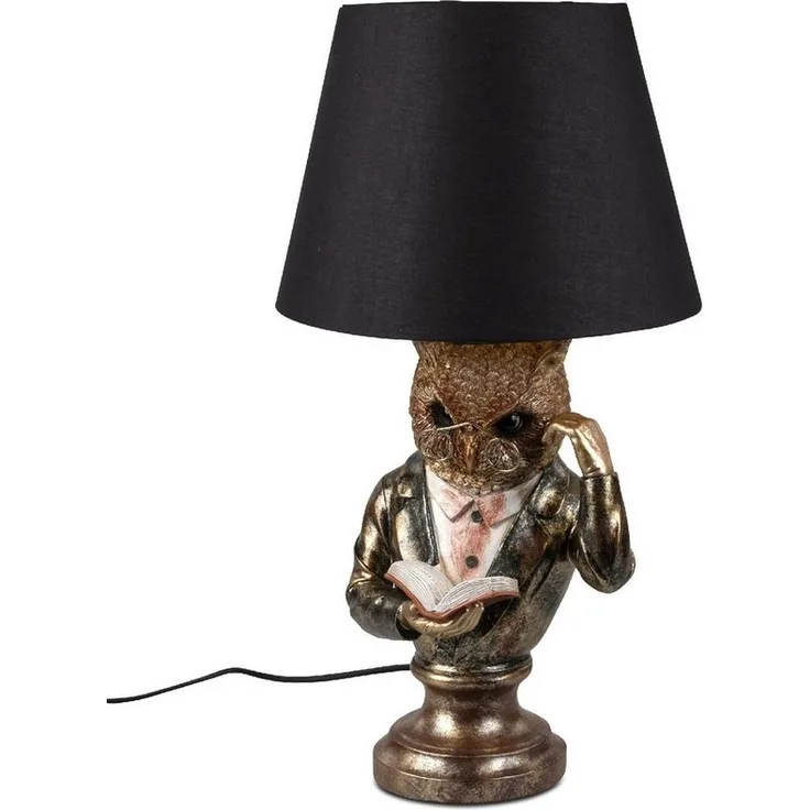 Kremers Schatzkiste Antikfarbene Eulenlampe mit schwarzem Stoffschirm 56cm Vintage Deko Tischlampe aus Kunststein – Perfekt für Wohnzimmer, Schlafzimmer und Büro Stehlampe Uhu