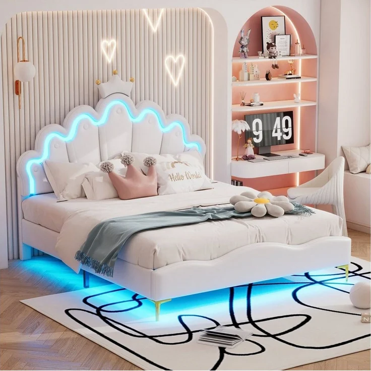 Flieks Polsterbett, LED Kinderbett Doppelbett mit krone-Form Prinzessinnenbett 140x200cm – Bild 2