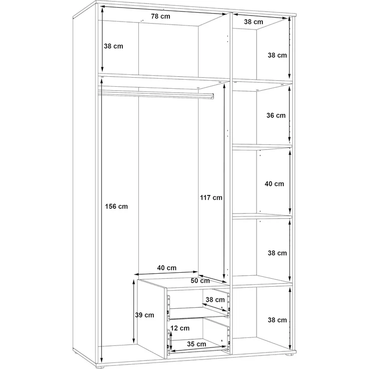Forte Nano Kleiderschrank 120, Drehtürenschrank mit 2 Schubladen, Einlegeböden und Spiegel, Holzwerkstoff, Sonoma Eiche Dekor, 121 cm breit, 200,1 cm hoch, 54 cm tief – Bild 7