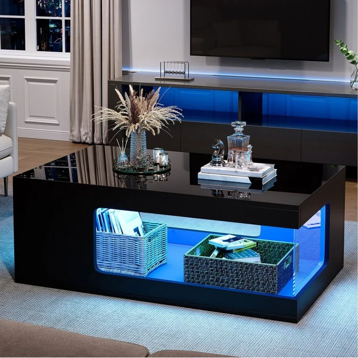 OKWISH Couchtisch Wohnzimmer-Couchtisch aus Spanplatte, Teetisch (Packung, 1-St, 50 x 100 x 35 cm, Schwarz), Hochglanz, LED-Lichtleiste – Bild 4