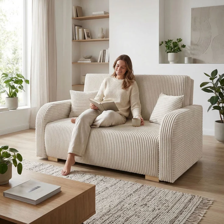 Wohnero24 Lirena 2 Schlafsofa 136x95 cm mit Bettfunktion 113x195 cm – 2-Sitzer Cord Sofa ausziehbar mit Bettkasten, kleines Schlafsofa für Wohnzimmer - Creme – Bild 1