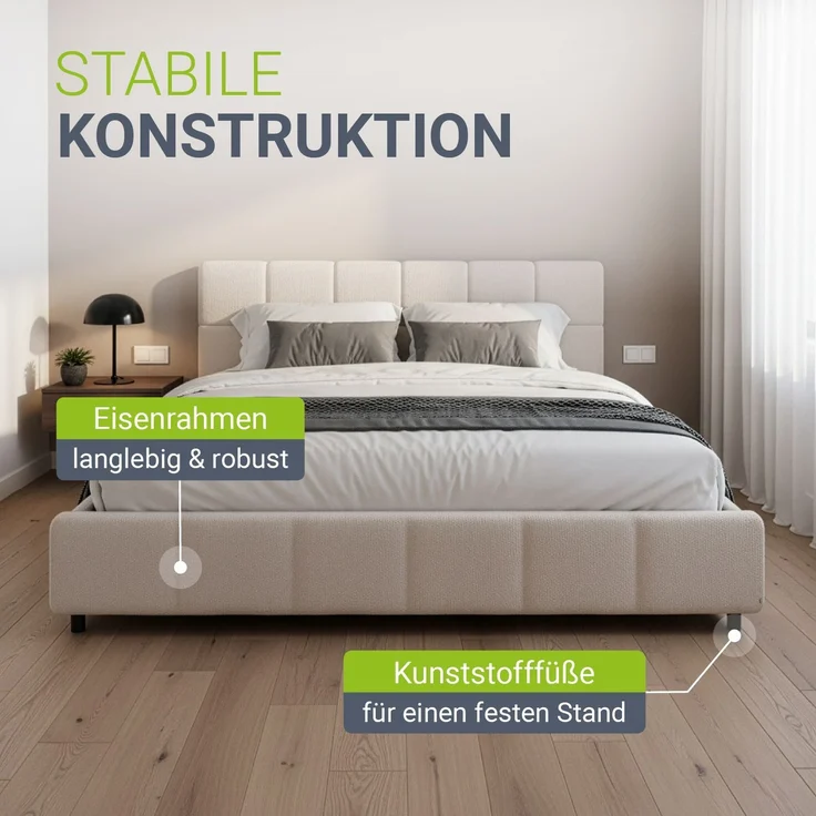 Juskys Polsterbett Florenz 180 x 200 cm – Bouclé, modernes Bett mit Kopf- & Fußteil, stabilem Holz- & Metallrahmen, Lattenrost, 500 kg Tragkraft – Creme – Bild 6