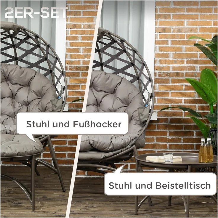Outsunny Sitzgruppe Gartenstuhl-Set, (Set, 2-tlg, Gartenstuhl-Set), Korbstuhl mit 2-in-1-Hocker – Bild 4