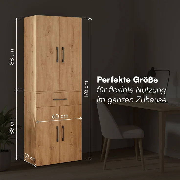 Bellamio 'Apol' Mehrzweckschrank, Eichenoptik, 176x33x60 cm, Aktenschrank mit Schublade und 5 Ablagefächern – Bild 7