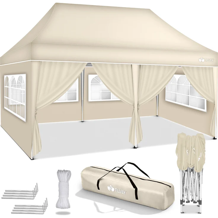 tillvex Pavillon 3x6m - mit 6 Seitenwänden Beige wasserdicht | Pop-Up Faltpavillon höhenverstellbar | Gartenzelt UV Schutz 50+ | Partyzelt mit Tasche für Garten – Bild 6