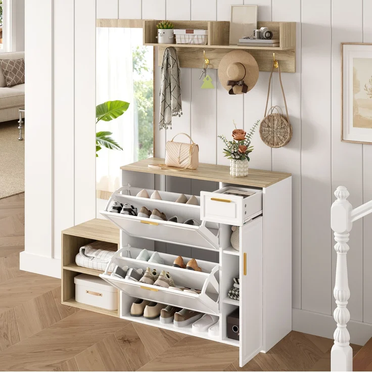 CHICFURN Schrank 139,5x166x35 cm als 4-tlg. Garderoben-Set mit Schuhschrank und Sitzbank Natur+Weiß – Bild 3