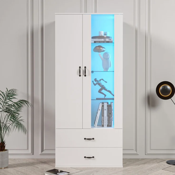(319020021WAA))LED-beleuchtete Vitrine, 2 Türen, Standvitrine mit transparenter Tür, freistehende Vitrine Weiße LED-Vitrine Wohnzimmer Wohnzimmerwand LED-Vitrine LED-Schrank Buffetschrank--Weiß--59.5x35x182cm--YOUDENOVA – Bild 3