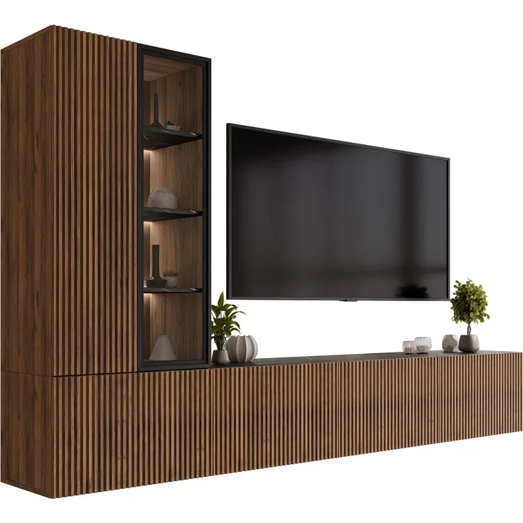 MIRJAN24 Wohnwand Tiwori, griffloses Öffnungssystem „push to open“, weiße LED-Beleuchtung, Nuss Warmia / Marmor Schwarz, 260x155 - 157x41 cm