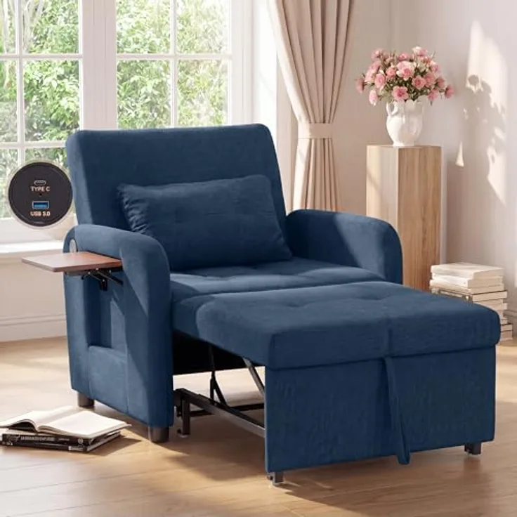 COLAMY Verwandelbarer Schlafsessel Stoff Futon Sofa Bett, Einzel Schlafsofa mit USB-Anschluss, klappbarem Tisch, Kissen und Verstellbarer Rückenlehne für Wohnheim, Schlafzimmer, Blau