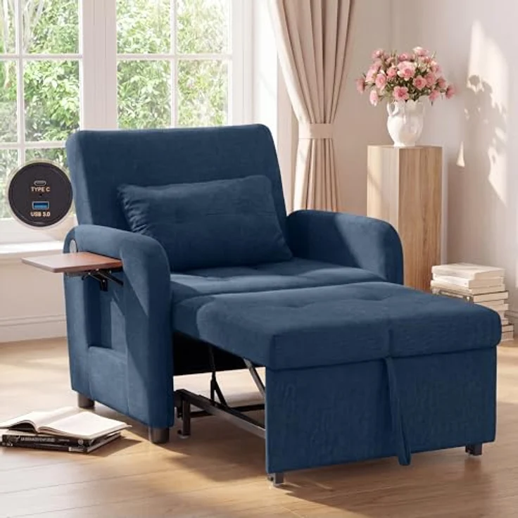 COLAMY Verwandelbarer Schlafsessel Stoff Futon Sofa Bett, Einzel Schlafsofa mit USB-Anschluss, klappbarem Tisch, Kissen und Verstellbarer Rückenlehne für Wohnheim, Schlafzimmer, Blau – Bild 1