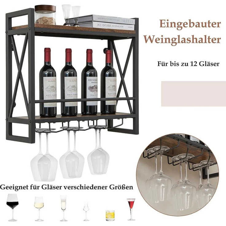 KOMFOTTEU Weinregal Wandregal, mit Glashalter, 60 × 20 × 55cm – Bild 3