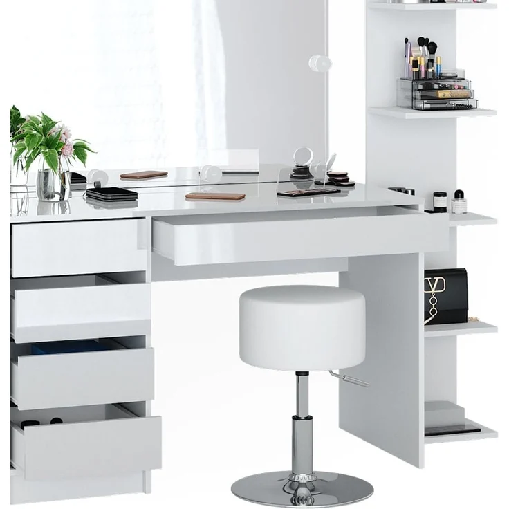 Schminktisch Sherry Weiß 4 Teile, mit Aufbewahrungsregal, Spiegel, Hocker, LED Vicco – Bild 6