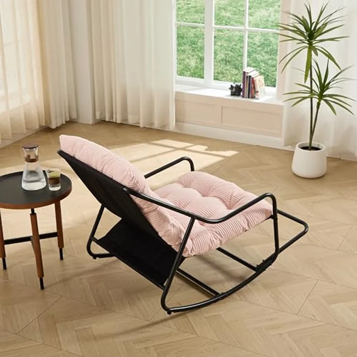 Ball & Cast Schaukelstuhl für Drinnen & Draußen, Rocking Chair mit Gepolstertem Kissen und Fußstütze, Balkonsessel für Wohnzimmer, Garten & Terrasse, Rosa – Bild 5
